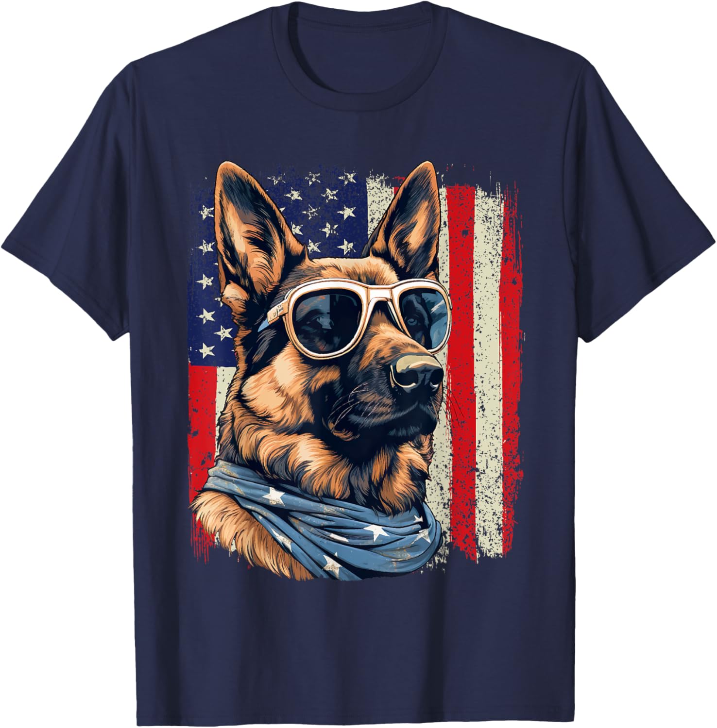 Patriotic German Shepherd American Flag 4th Of July Shepherd T-Shirt - T-Shirt | Navy
