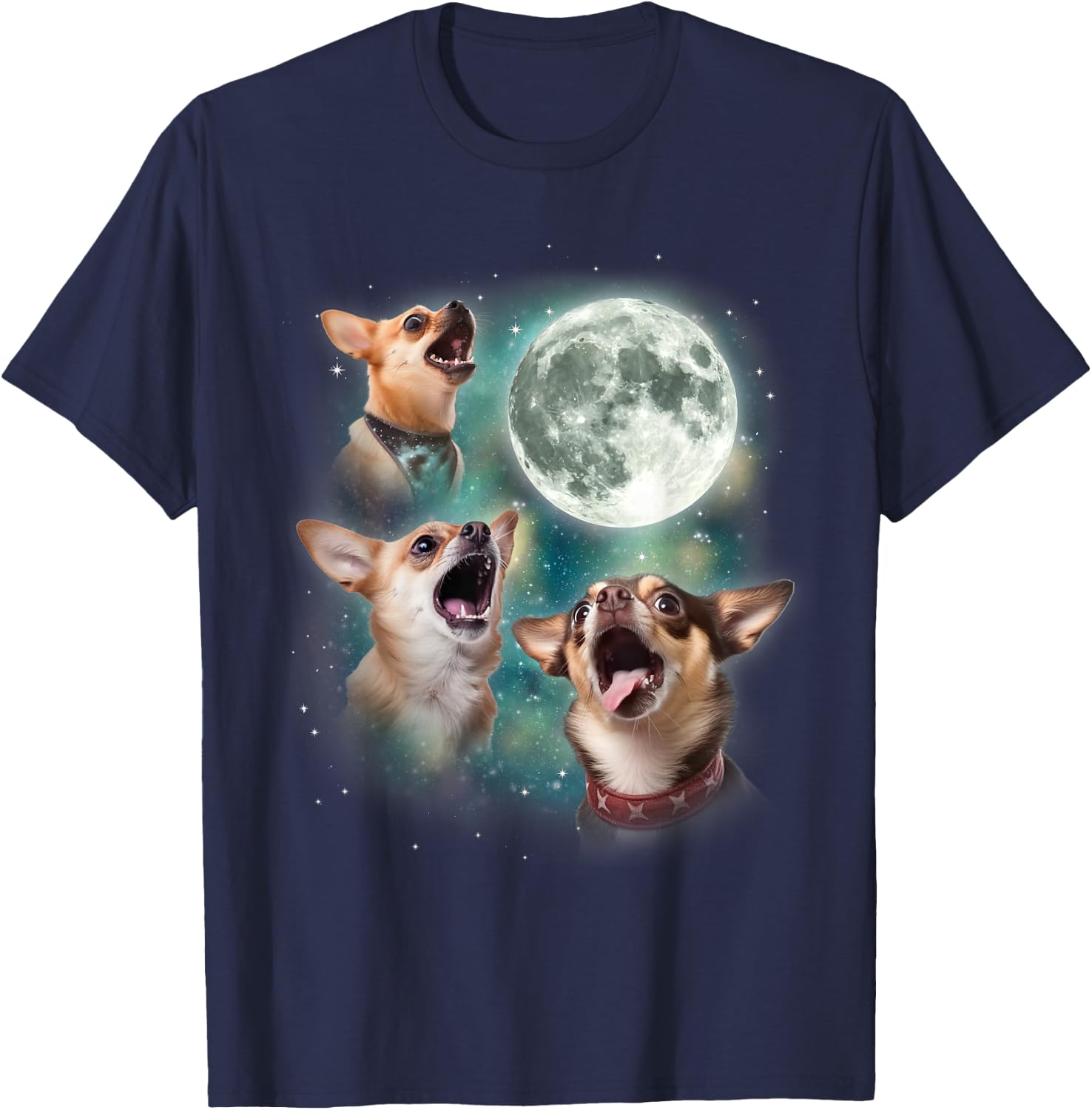 Three Chihuahuas Howl at Moon | 3 Dogs Funny Wolves Parody T-Shirt - T-Shirt | Navy