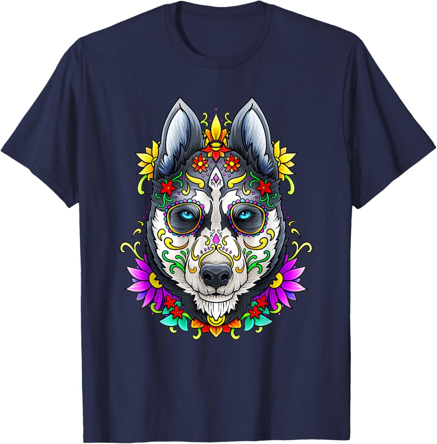 Alaskan Husky Skull Dog Day of The Dead Sugar Skull Dog Women Kids T-Shirt - T-Shirt | Navy