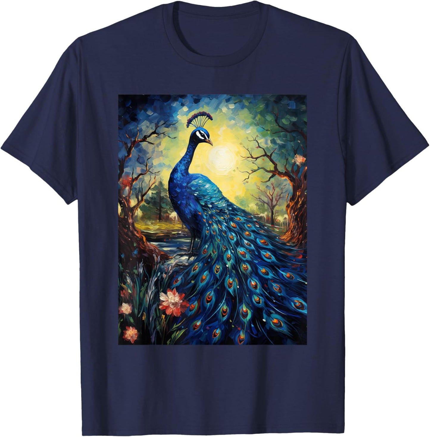 Peacock Starry Night Van Gogh Style Graphic T-Shirt - T-Shirt | Navy