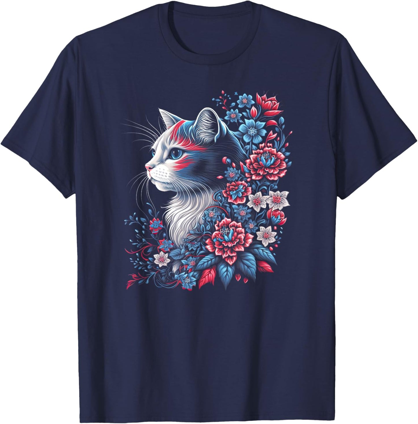 Floral Cat - Red White and Blue 4th of July Patriotic Women Kids Men T-Shirt - T-Shirt | Navy