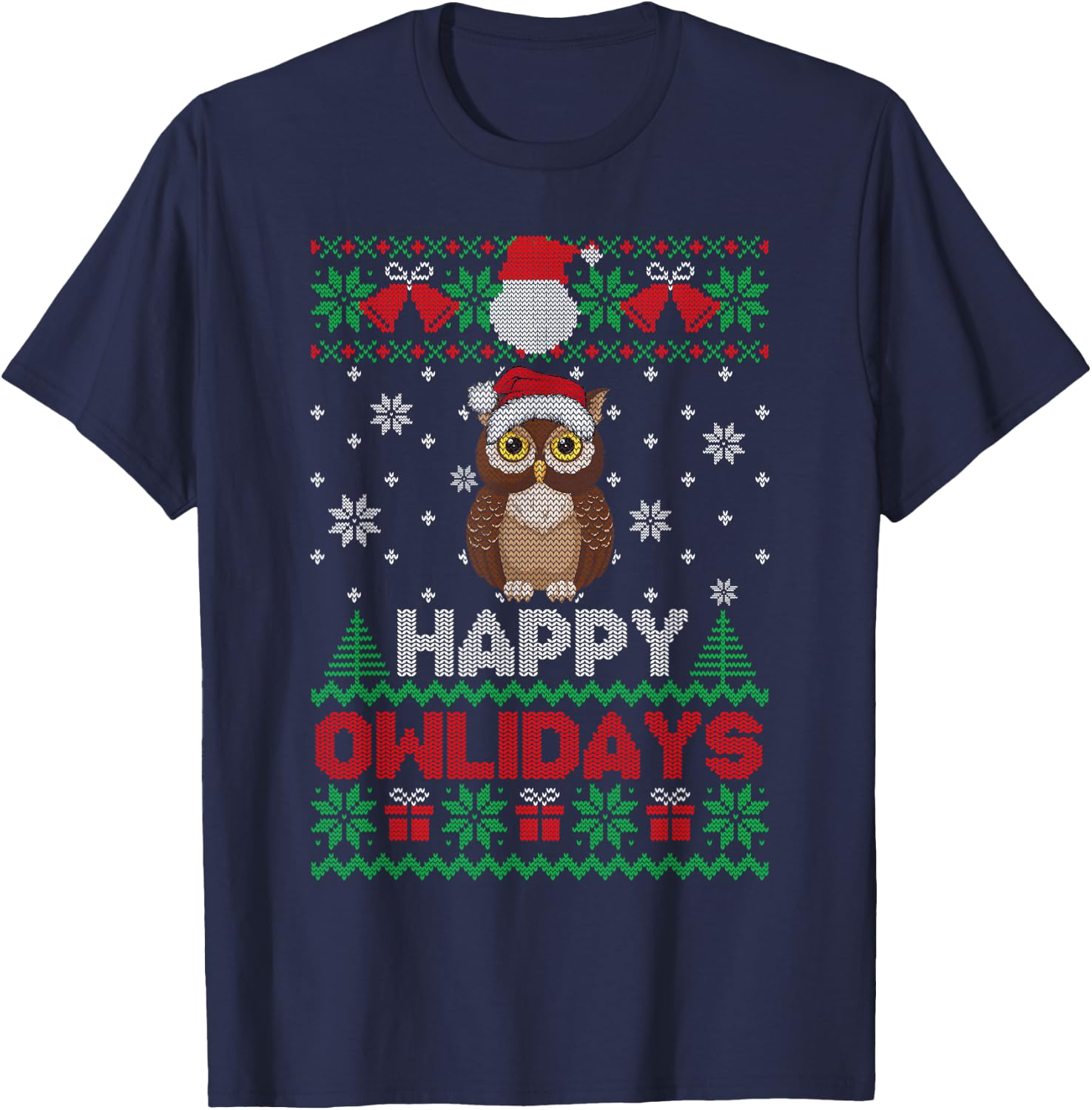 Happy Owlidays Ugly Christmas Christmas Owl Women Men T-Shirt - T-Shirt | Navy