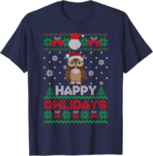 Happy Owlidays Ugly Christmas Christmas Owl Women Men T-Shirt - T-Shirt | Navy