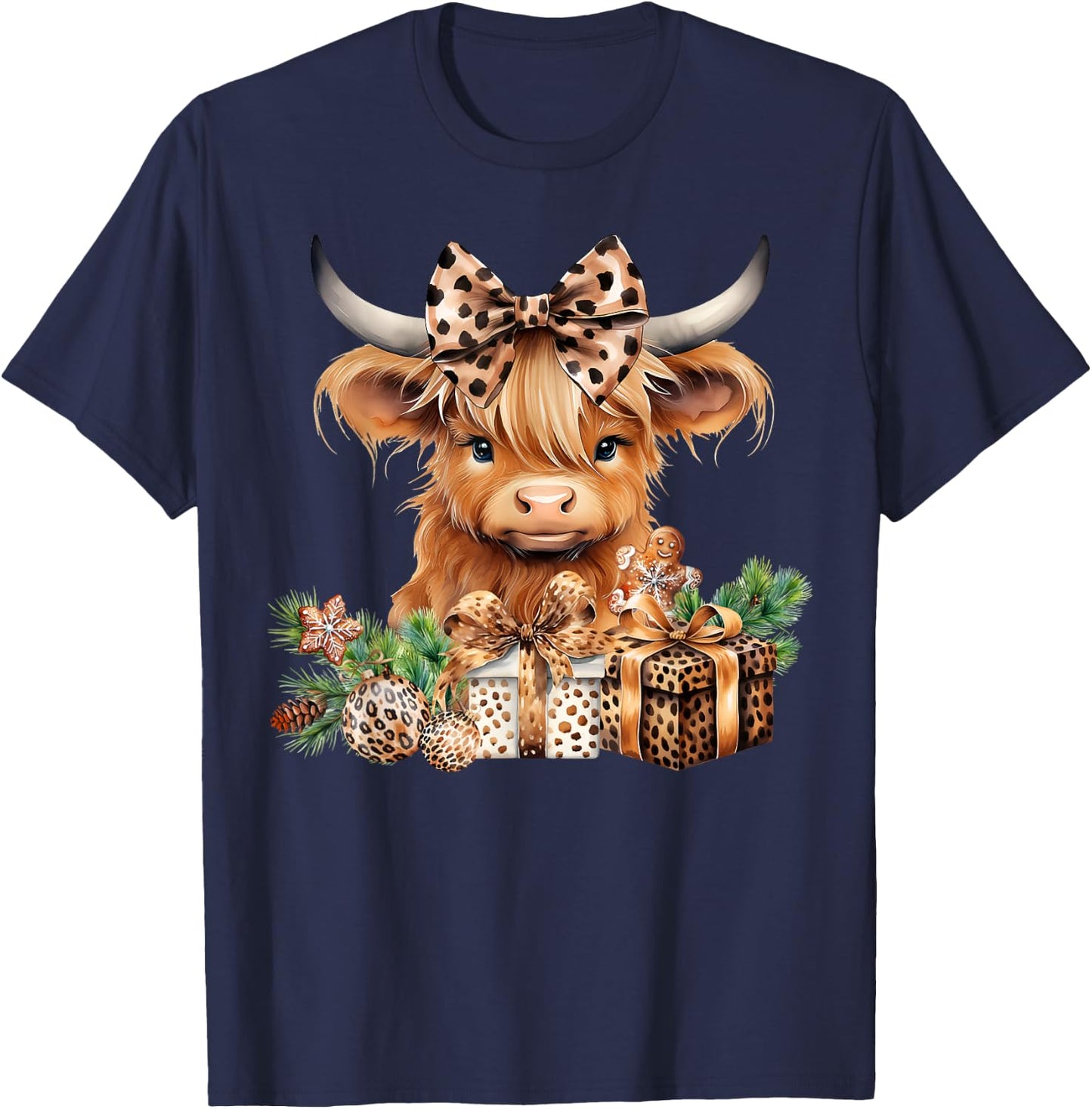 Baby Highland Cow Merry Christmas Leopard Cute Cow Farmer T-Shirt - T-Shirt | Navy