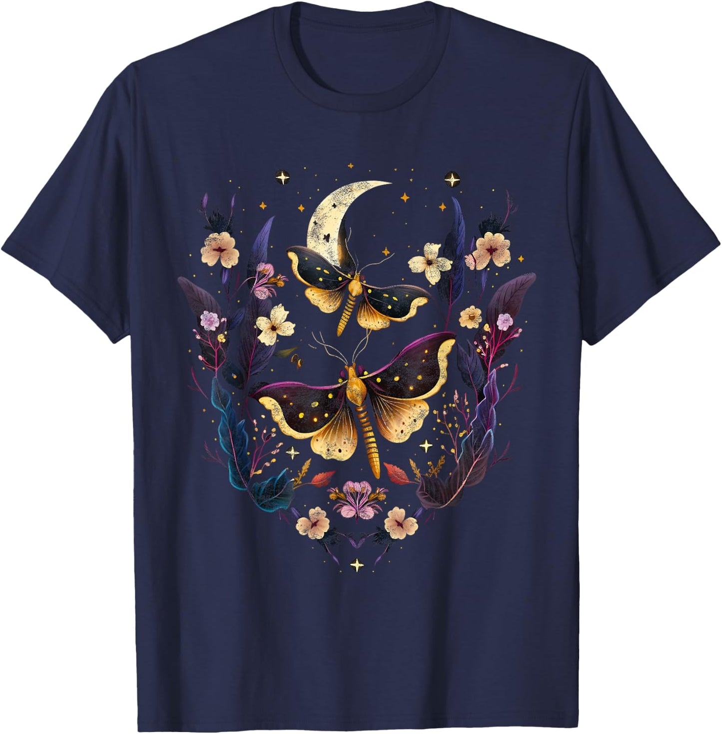 Moths with moon, flowers, butterfly, Wicca, goth, night T-Shirt - T-Shirt | Navy