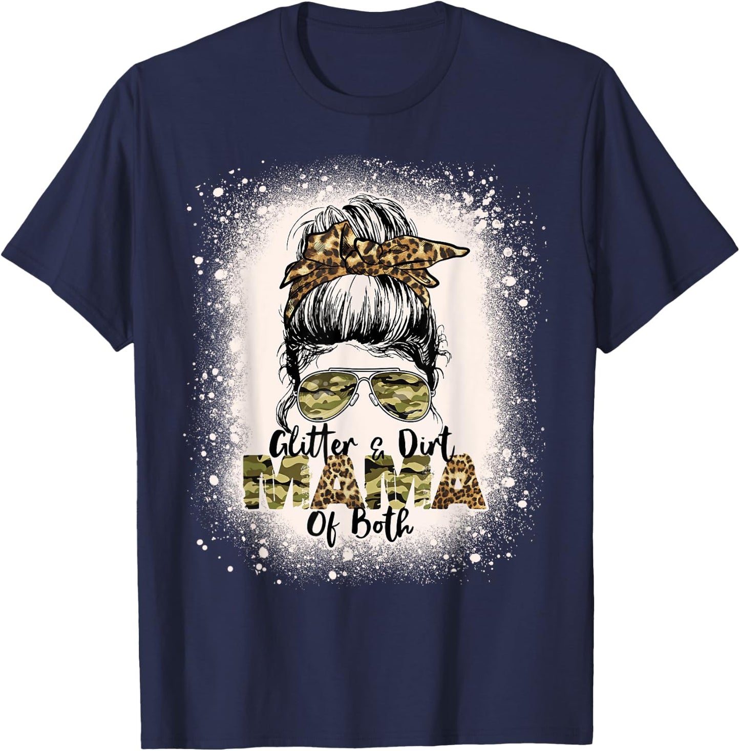 Glitter & Dirt Mama Of Both Leopard Camo Messy Bun Bleached T-Shirt - T-Shirt | Navy