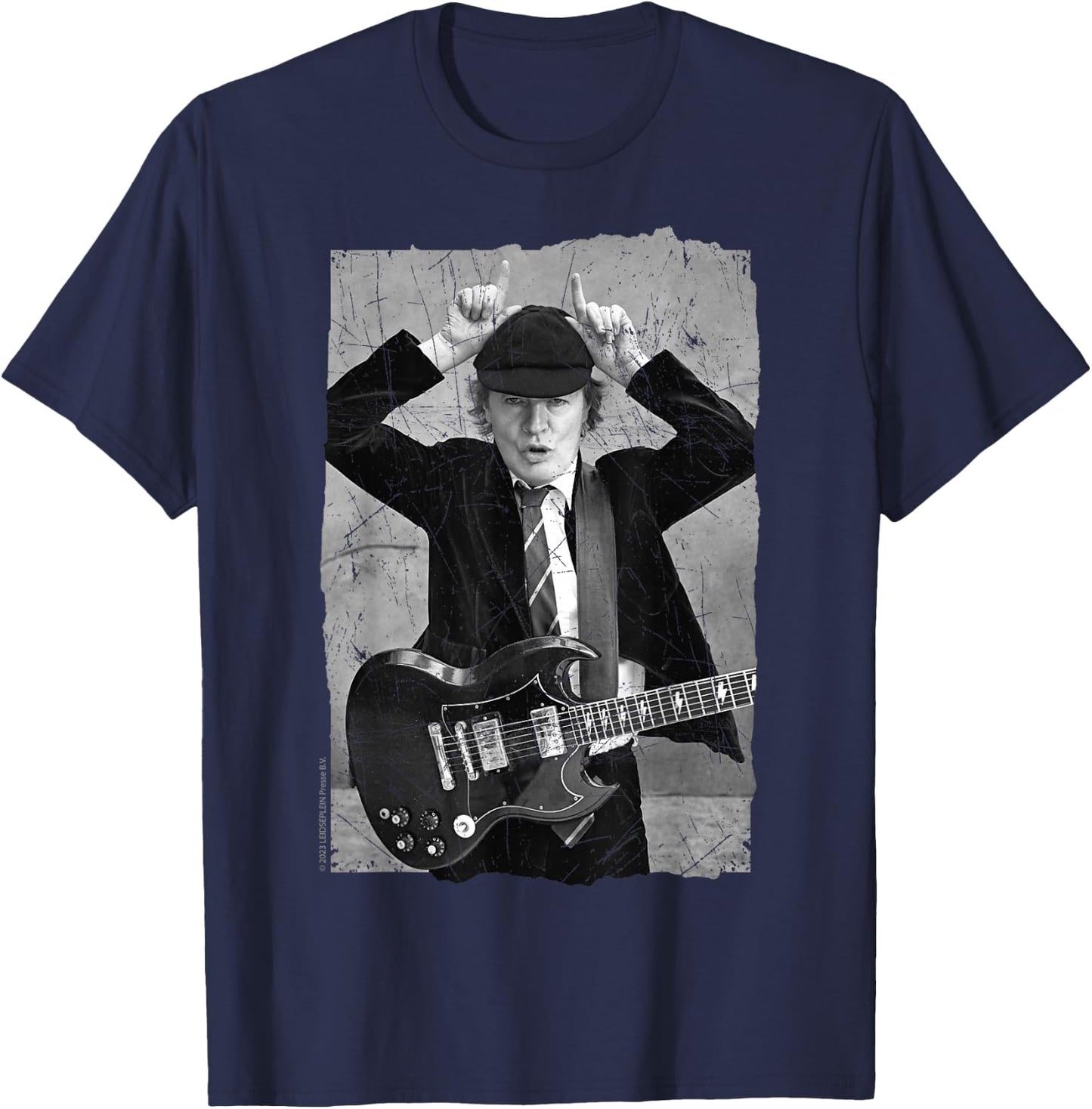 Official AC/DC Rock Music Band Angus Young Distressed Photo T-Shirt - T-Shirt | Navy