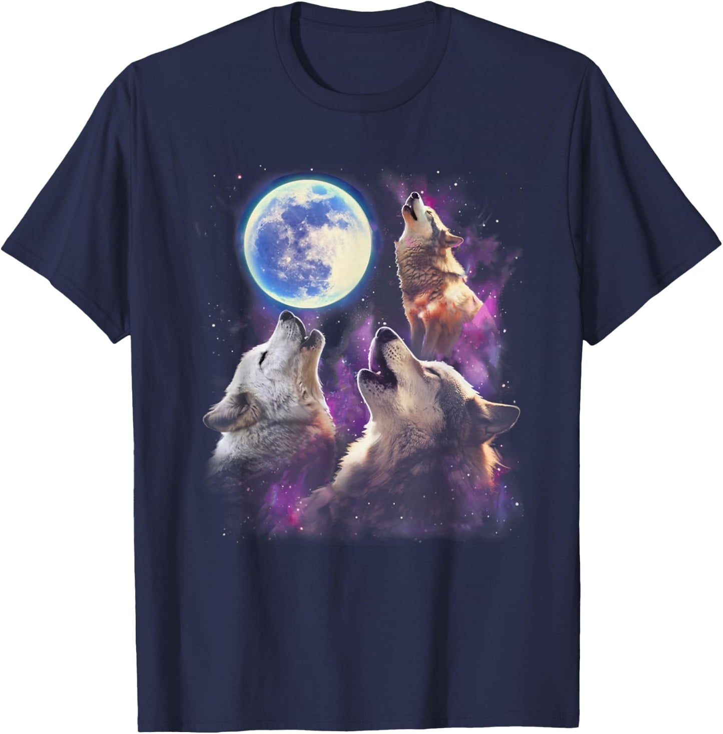 Three Wolves Howling At The Moon Funny Wild Animal Wolf Gift T-Shirt - T-Shirt | Navy