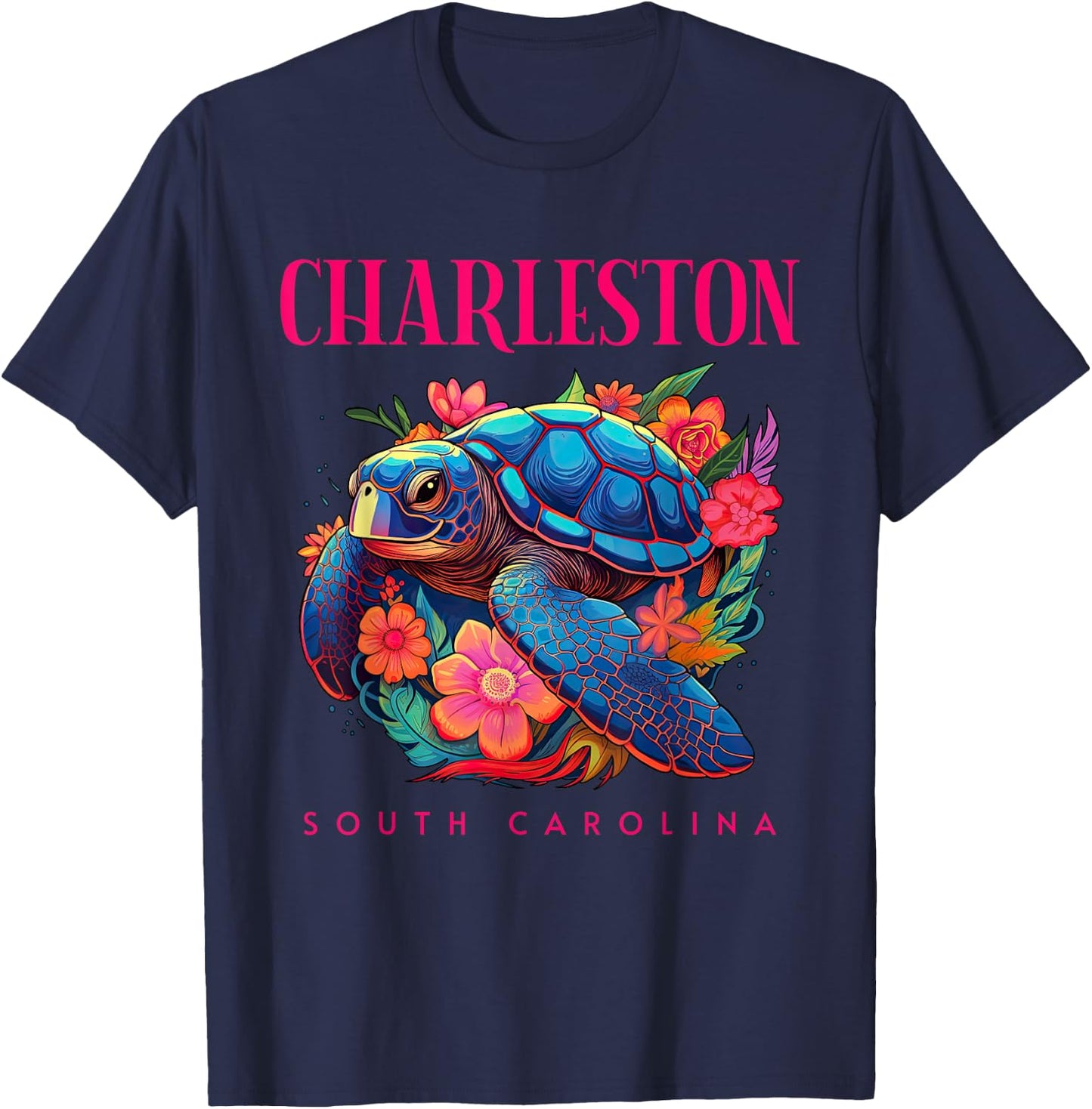 Charleston South Carolina Floral Beach Turtle Souvenir T-Shirt - T-Shirt | Navy