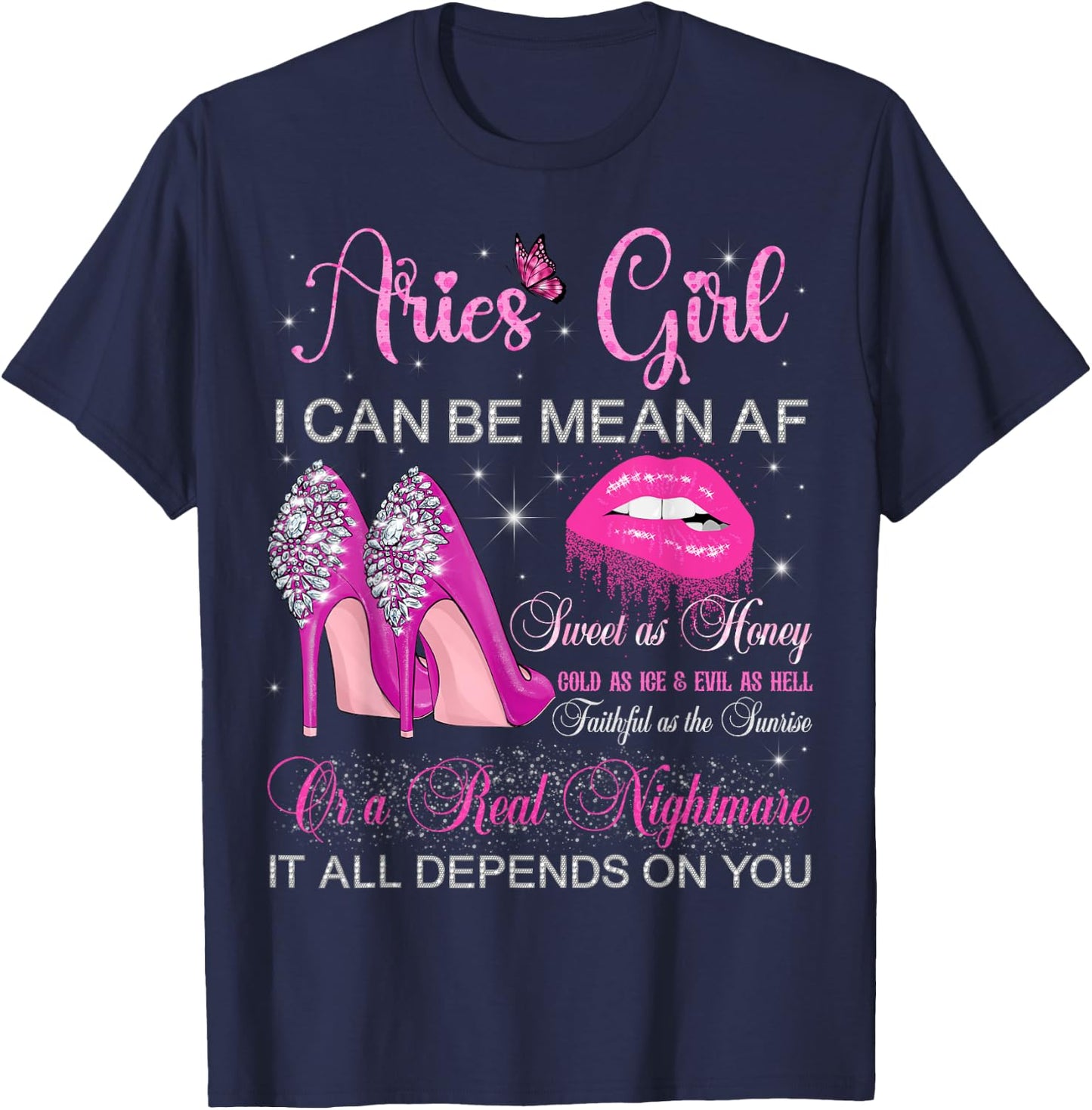 Aries Girl Birthday High Heels Dripping Lips Zodiac Women T-Shirt - T-Shirt | Navy