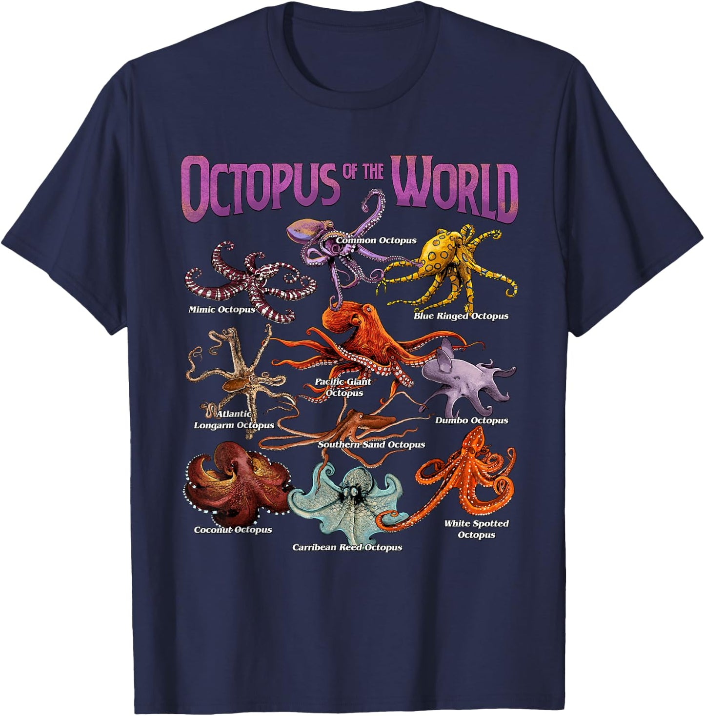 Octopus of The World Sea Animal Educational Octopus Lover T-Shirt - T-Shirt | Navy