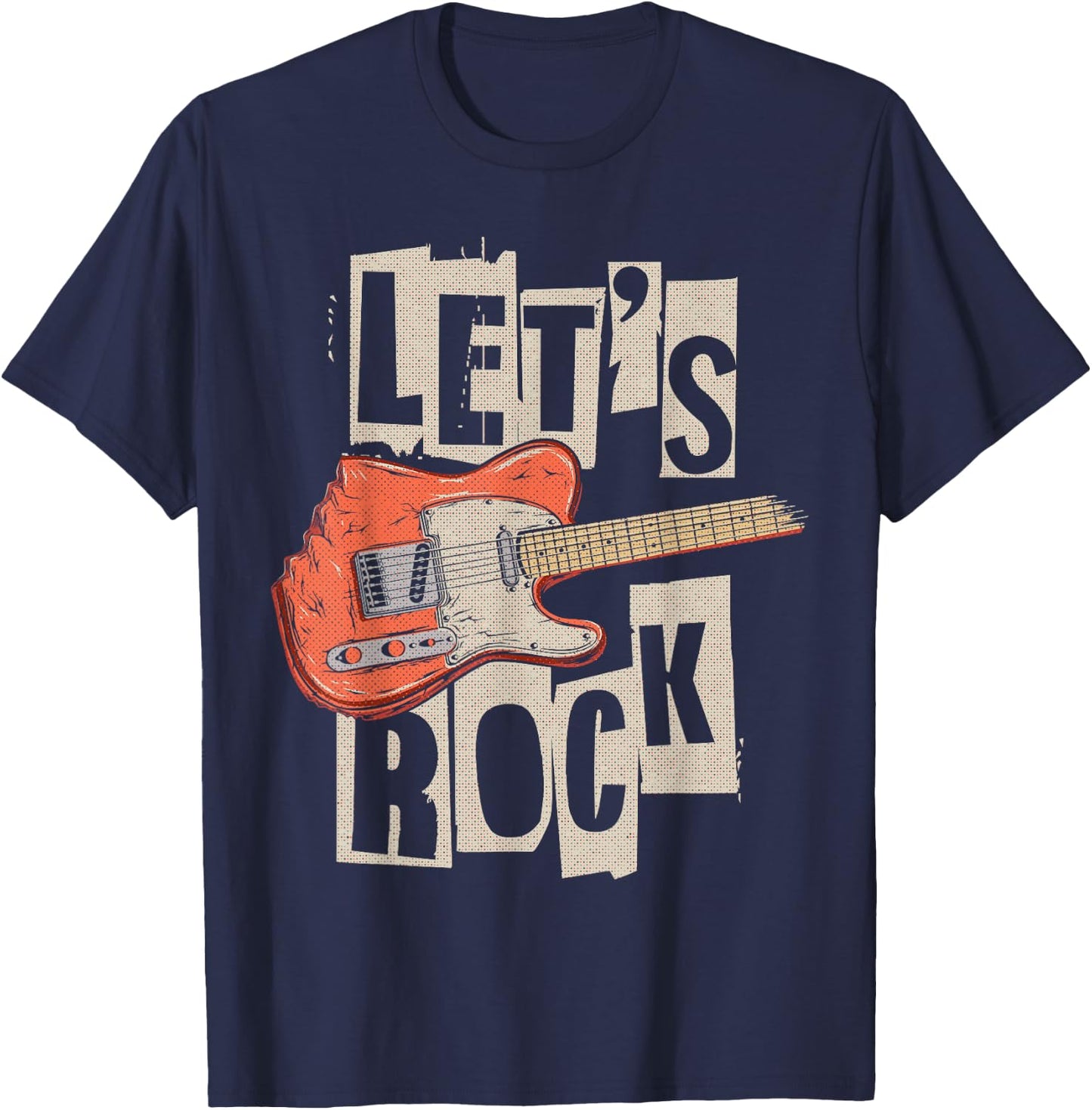 Let's Rock Electric Guitar Music Lover Band Guitarist Retro T-Shirt - T-Shirt | Navy