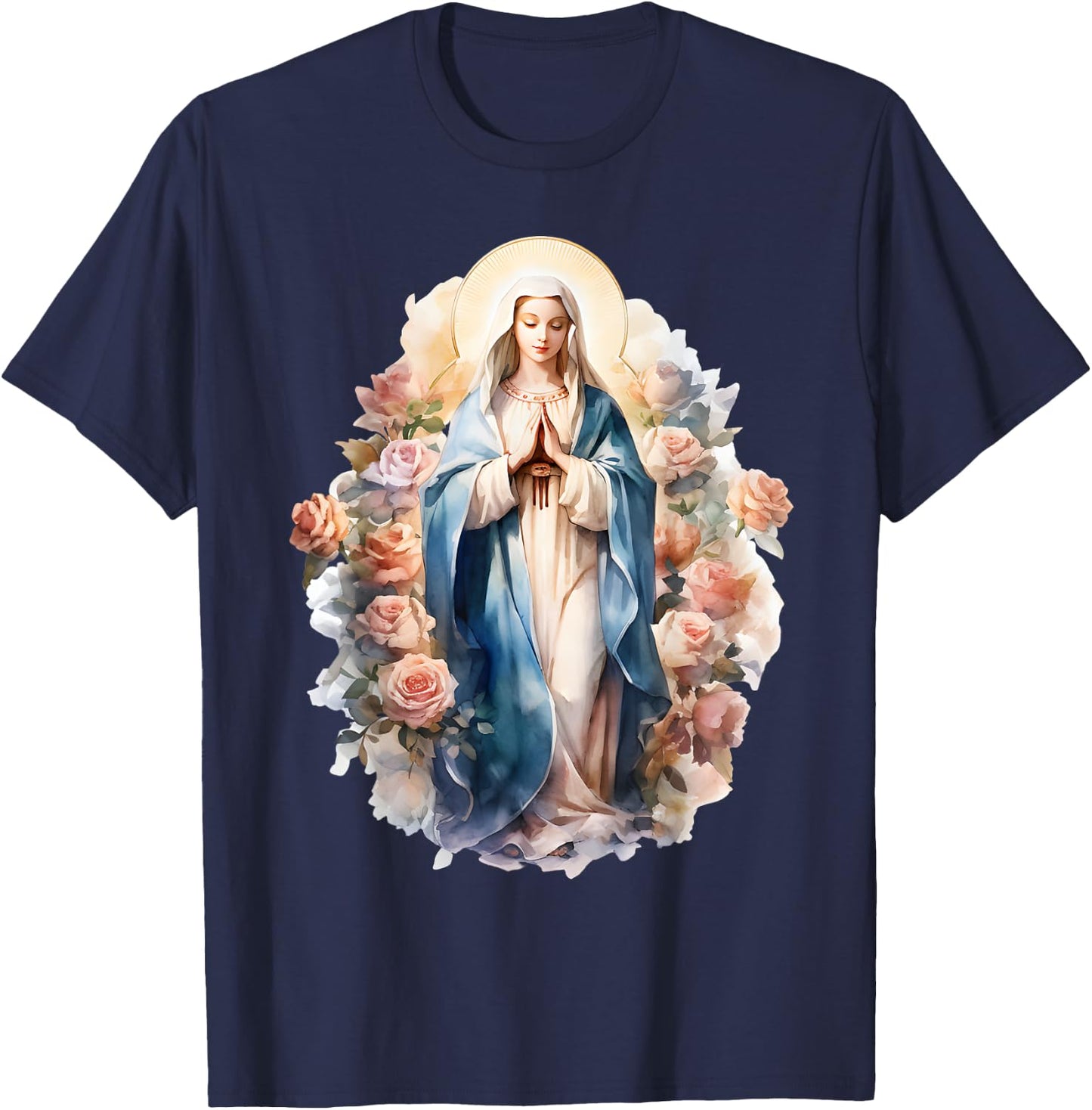 Blessed Mother Mary Mother of Jesus Roses Our Lady Catholic T-Shirt - T-Shirt | Navy
