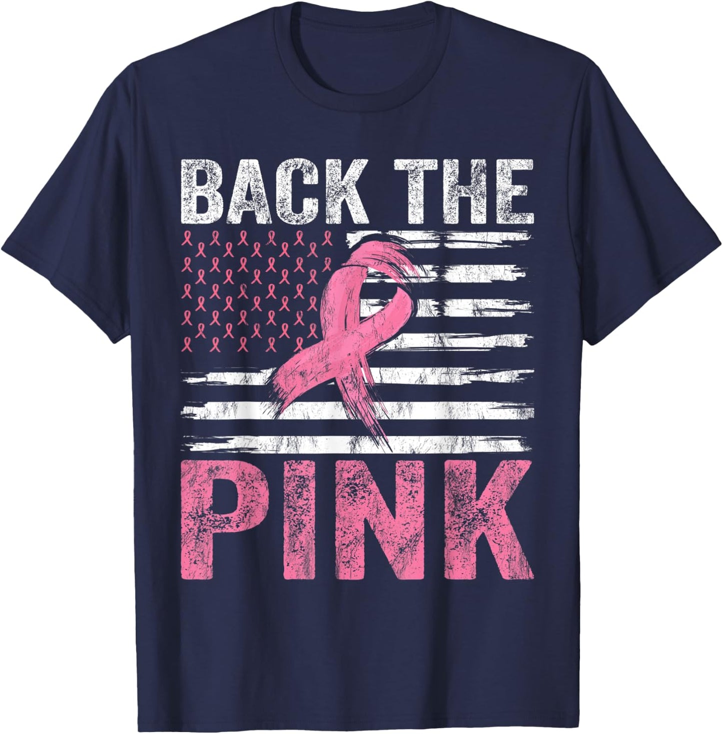 Breast Cancer Awareness USA Flag Design Back The Pink Ribbon T-Shirt - T-Shirt | Navy