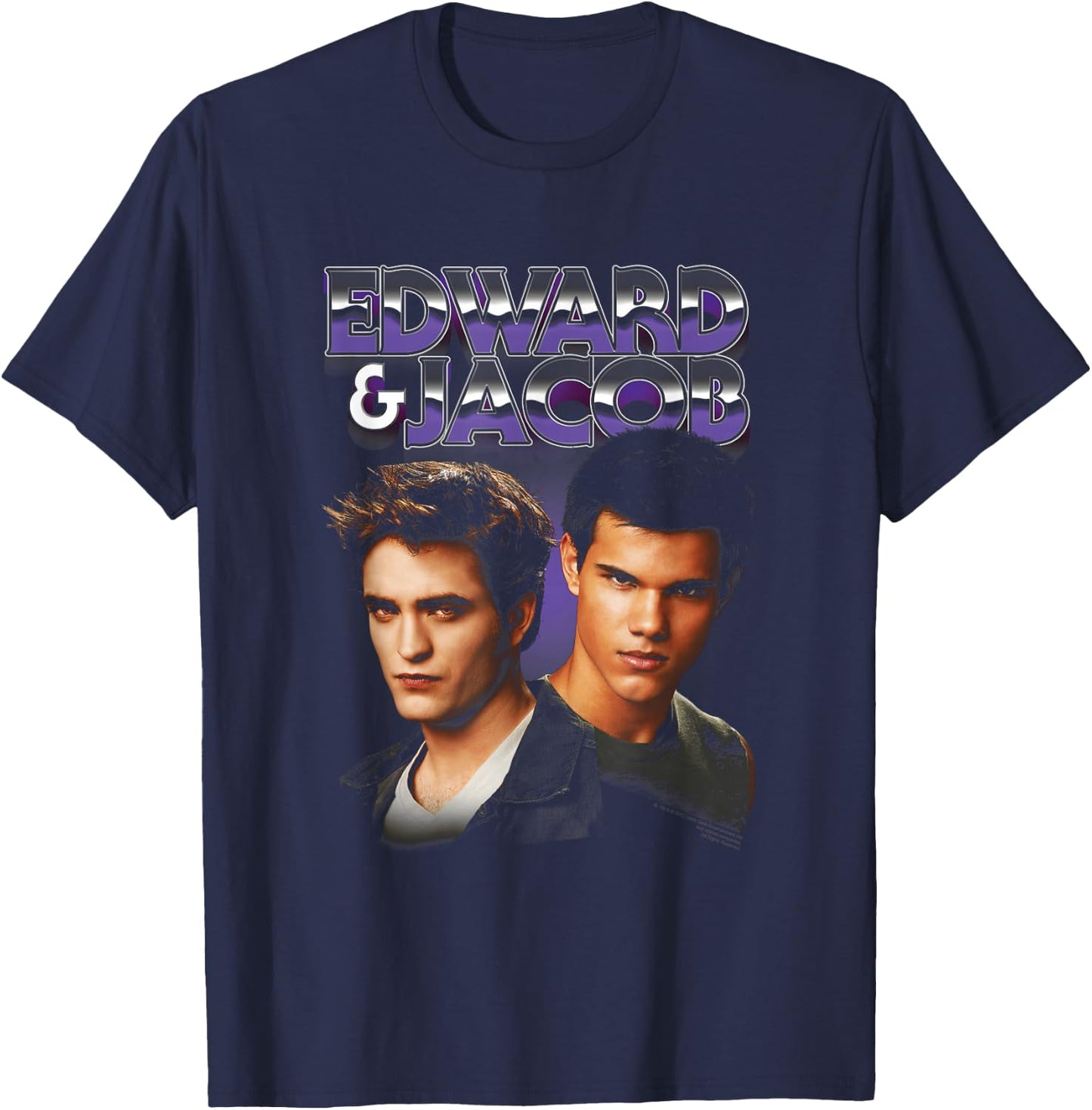Twilight Edward & Jacob Purple Chrome Text Portrait Movie T-Shirt - T-Shirt | Navy