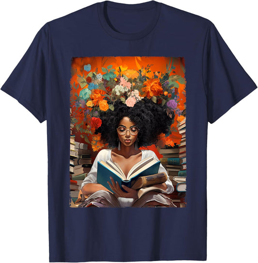 Black History Educated Reading Book Melanin Queen Afro Women T-Shirt - T-Shirt | Navy