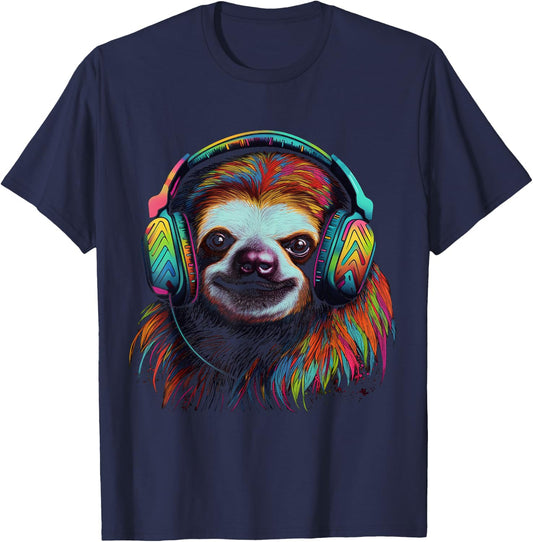 Sloth Artwork Music Colourful Animal Headphones Sloth T-Shirt - T-Shirt | Navy