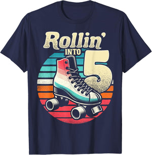 Roller Skating 5th Birthday Party Girls Boys Rollin into 5 T-Shirt - T-Shirt | Navy