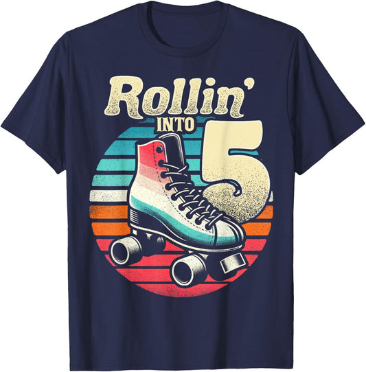 Roller Skating 5th Birthday Party Girls Boys Rollin into 5 T-Shirt - T-Shirt | Navy