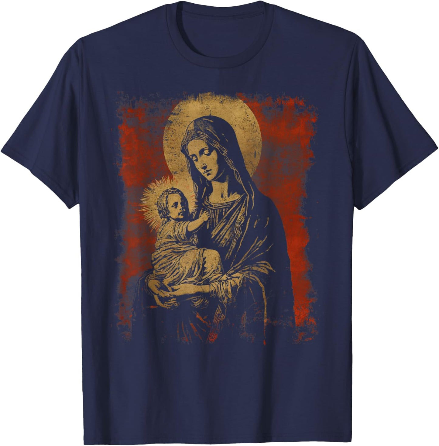 Mary & Jesus Retro Distressed 90s Goth Grunge Vibes Graphic T-Shirt - T-Shirt | Navy