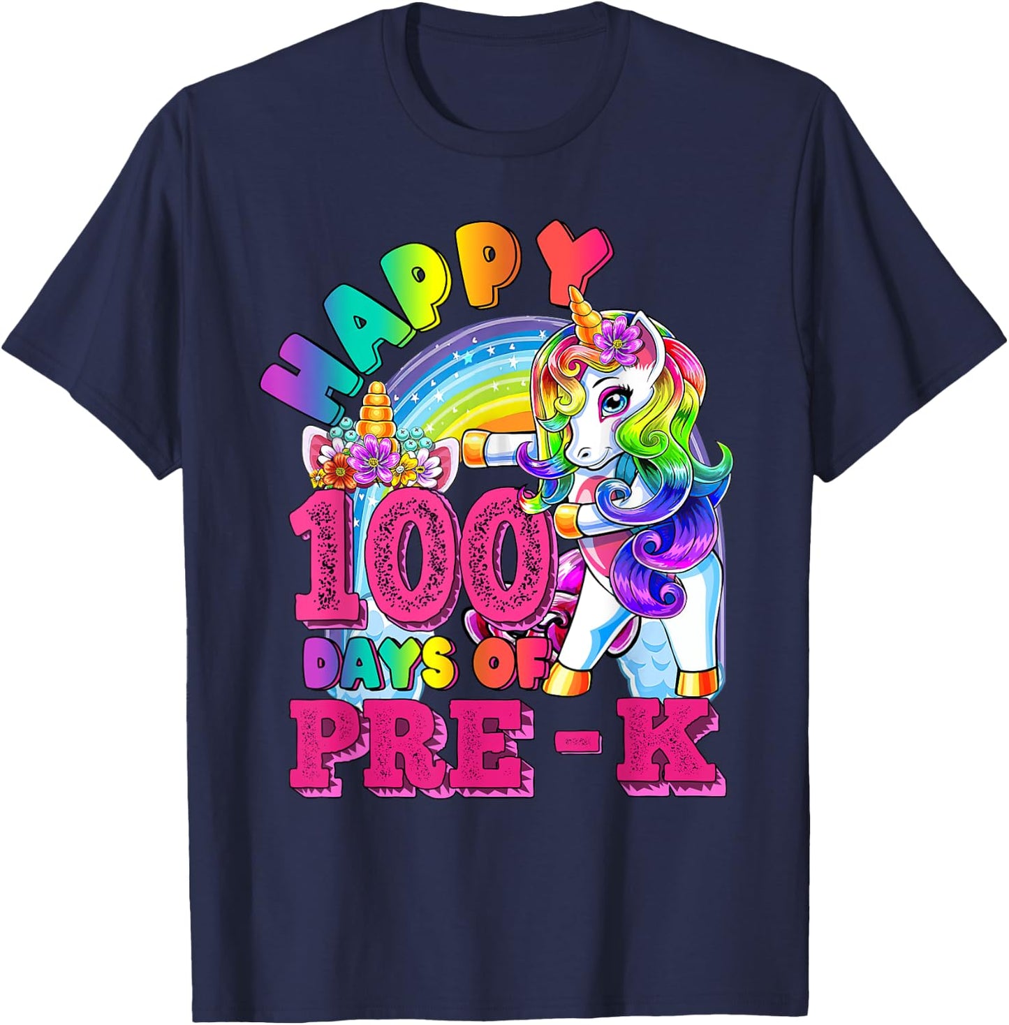 Dabbing Unicorn 100th Day Of School Pre-K Kid Girls Teacher T-Shirt - T-Shirt | Navy