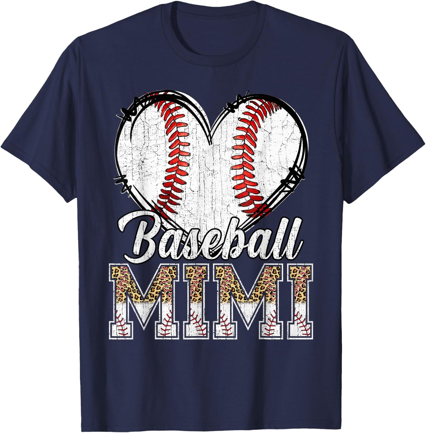 Softball Baseball Mimi Heart Leopard Print Mother's Day T-Shirt - T-Shirt | Navy