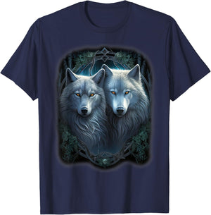 Wolf Wolves in Forest by Night Moon Fantasy Art Wildlife T-Shirt - T-Shirt | Navy