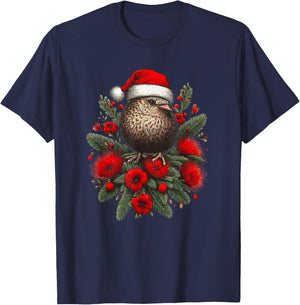Christmas New Zealand Kiwi Bird Santa Hat Pohutukawa Tree T-Shirt - T-Shirt | Navy