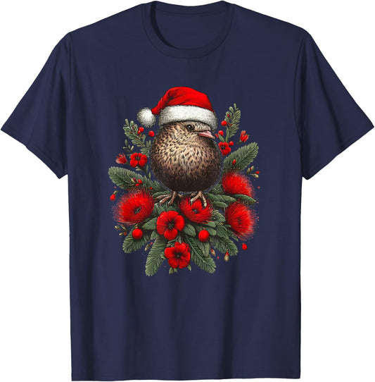 Christmas New Zealand Kiwi Bird Santa Hat Pohutukawa Tree T-Shirt - T-Shirt | Navy
