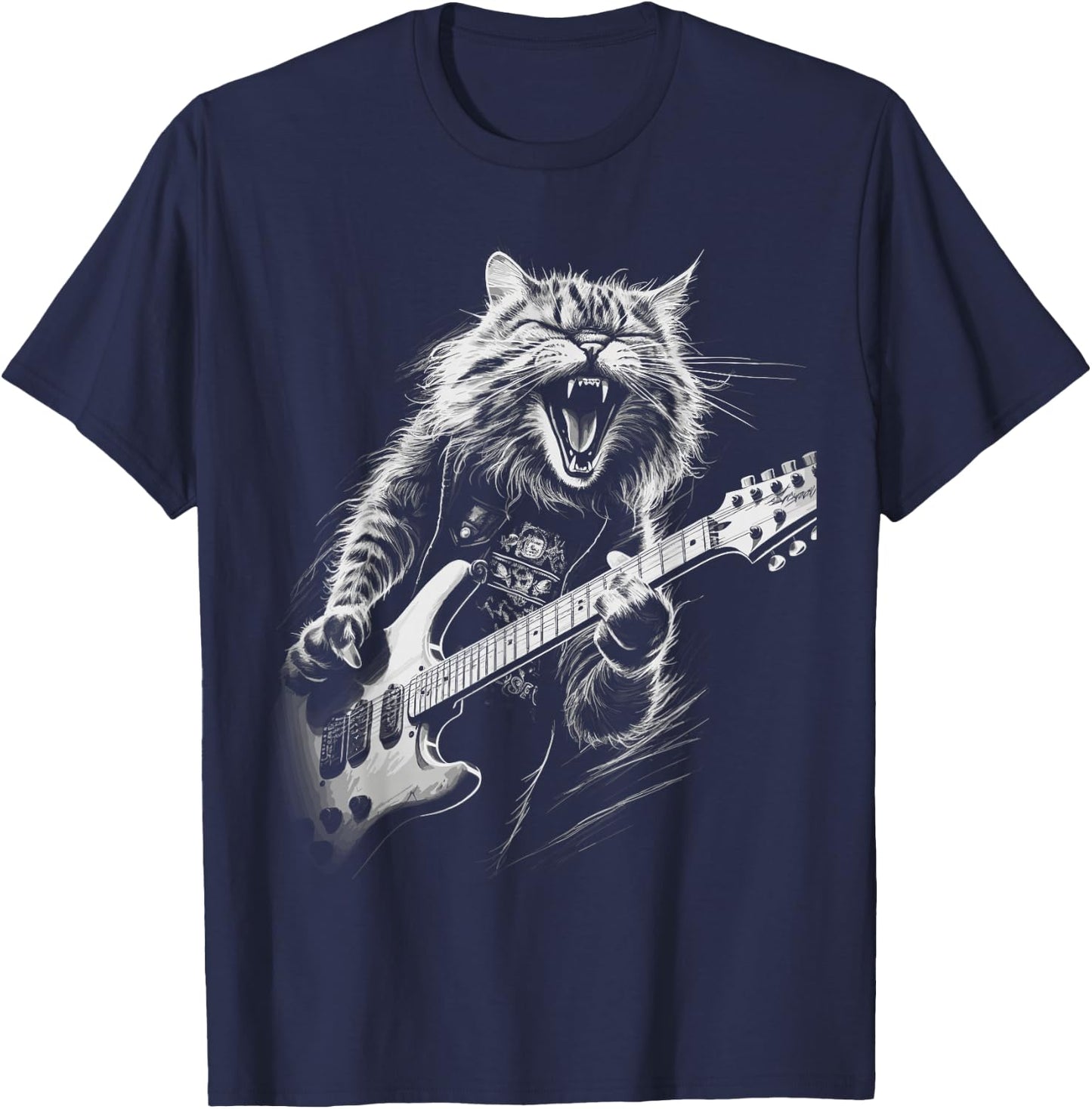 Rock Cat Playing Guitar Woman Funny Guitar Cat T-Shirt - T-Shirt | Navy