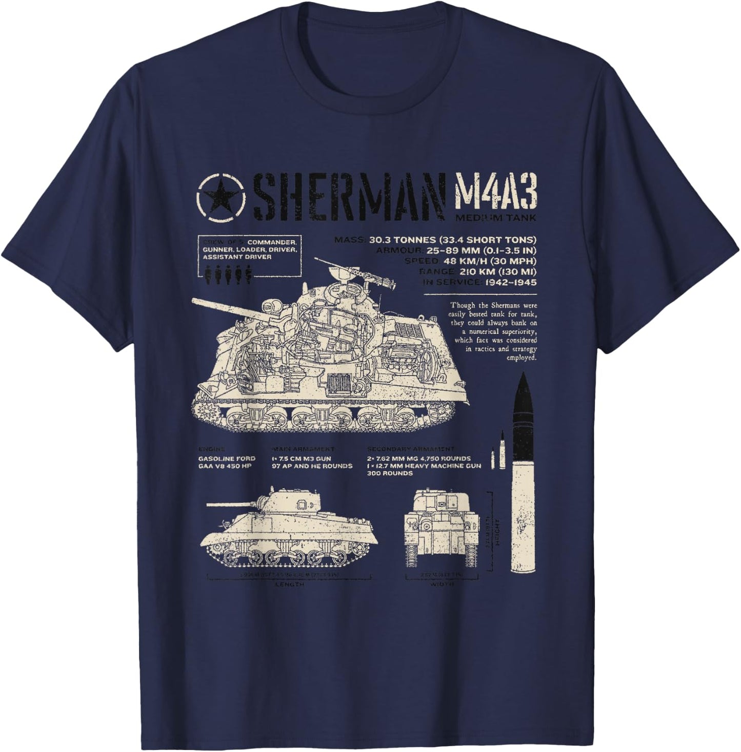 Sherman Tank World War 2 Blueprint T-Shirt - T-Shirt | Navy