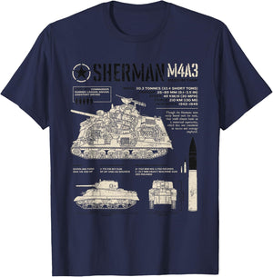 Sherman Tank World War 2 Blueprint T-Shirt - T-Shirt | Navy