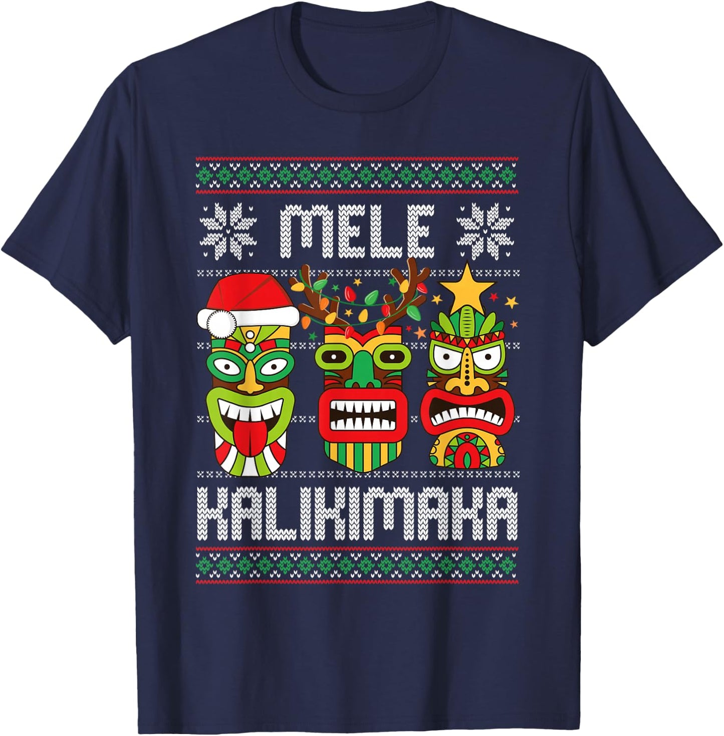 Mele Kalikimaka Christmas Hawaiian Santa Tiki Ugly Christmas T-Shirt - T-Shirt | Navy