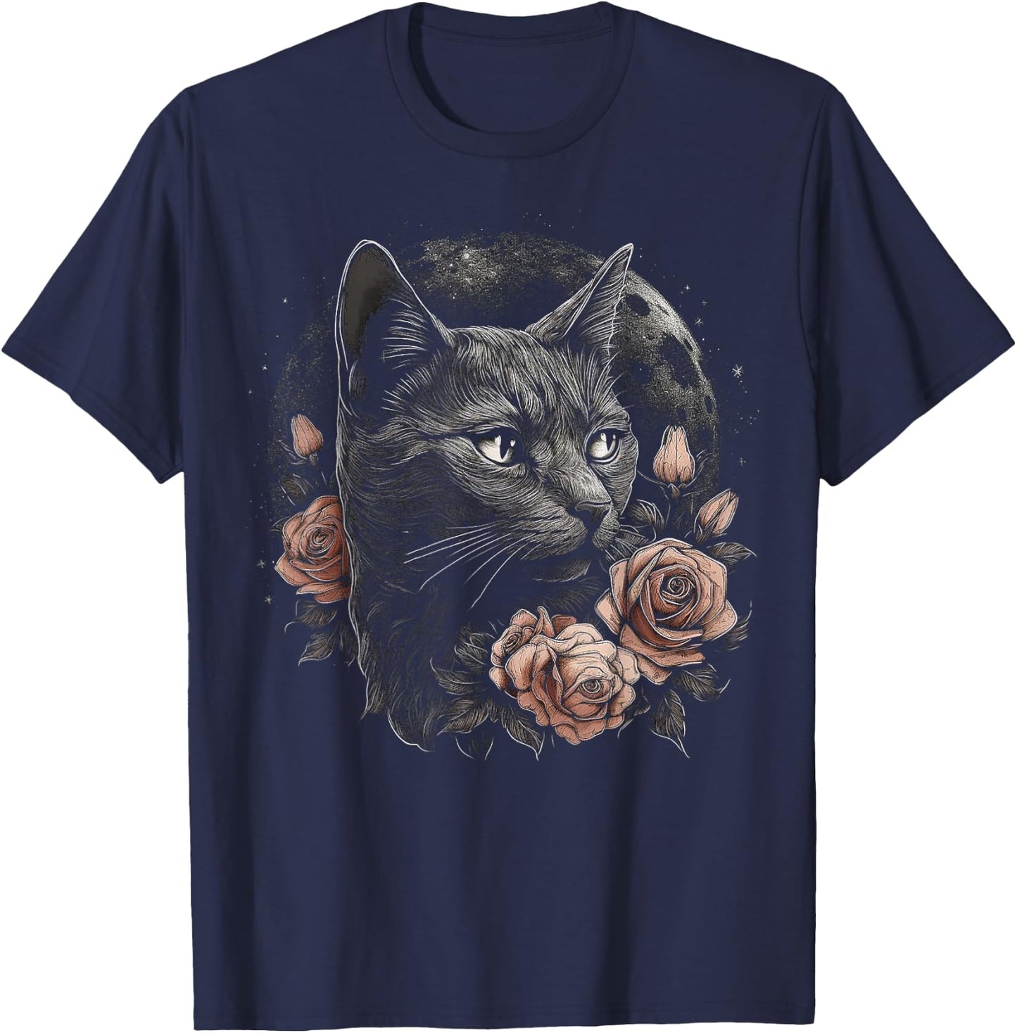 Cat Flower Moon Artwork | Animal Motif Cat T-Shirt - T-Shirt | Navy