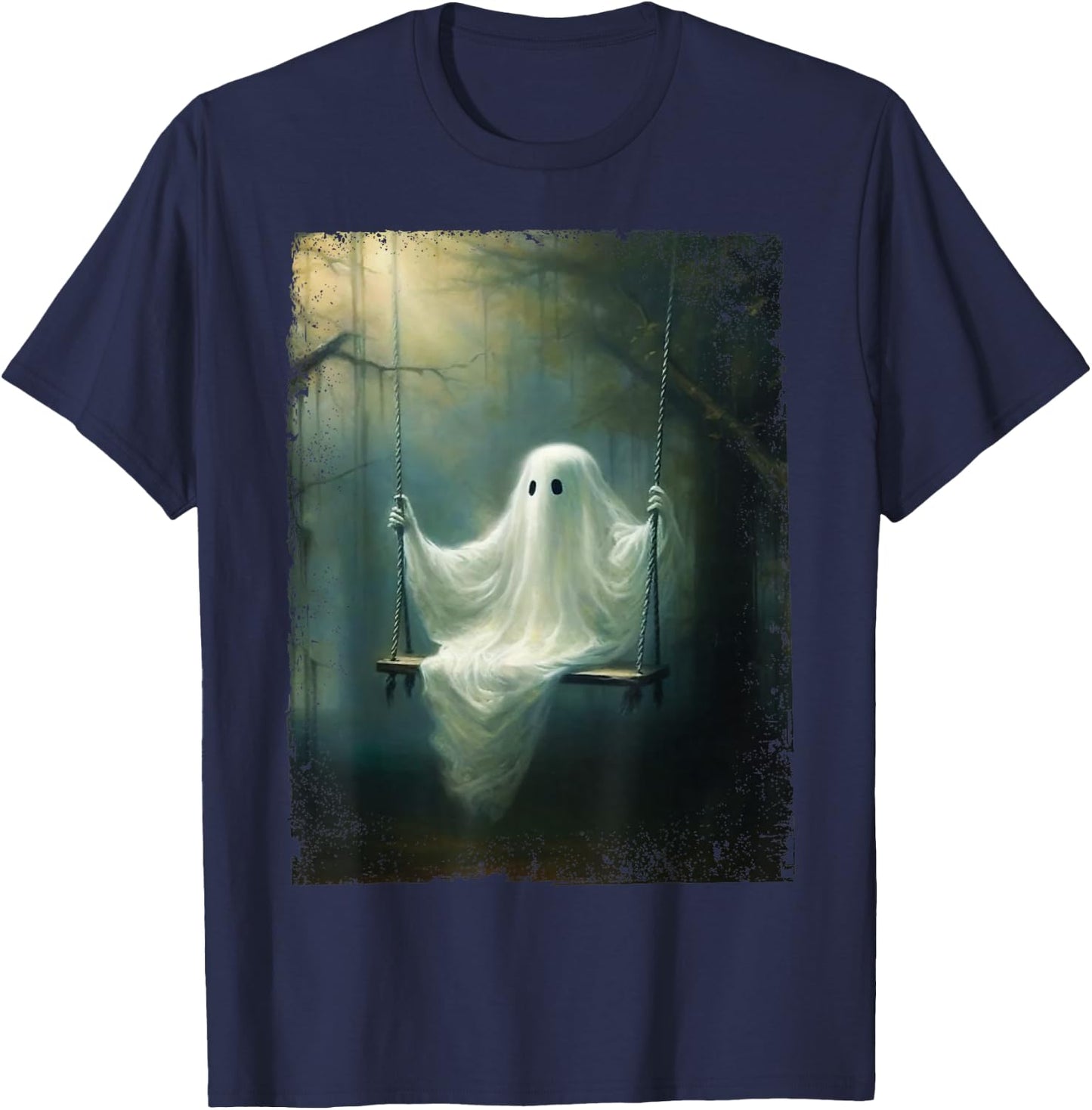 Vintage Halloween Costume Ghost Swing In The Forest Graphic T-Shirt - T-Shirt | Navy