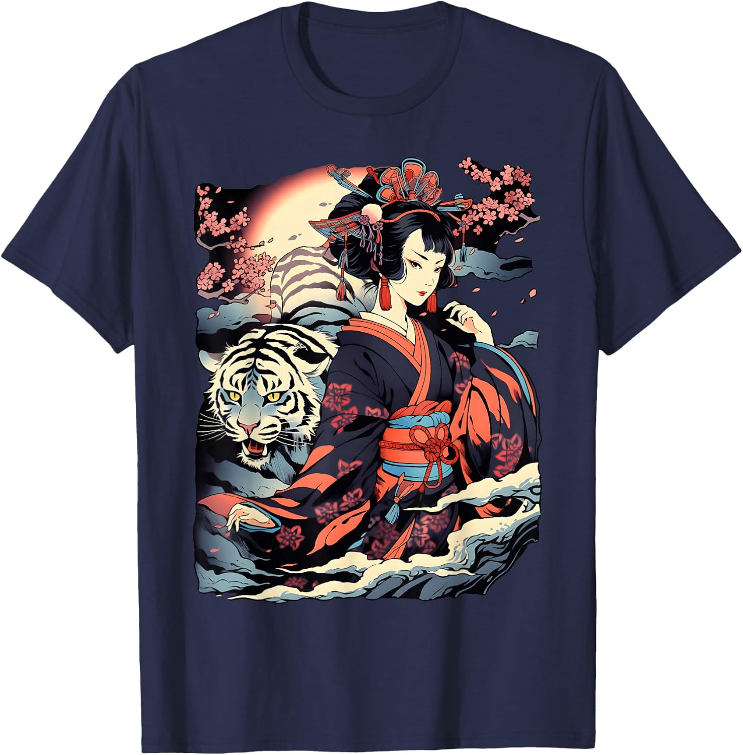 Make a Statement with This Bold Geisha and Tiger Tattoo T-Shirt - T-Shirt | Navy