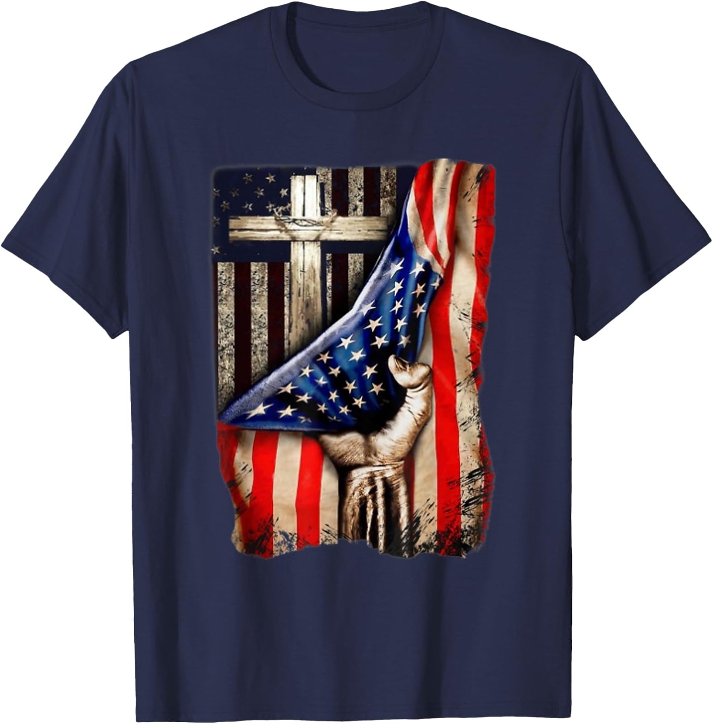 Cross Christian American Flag Hand Pride T-Shirt - T-Shirt | Navy