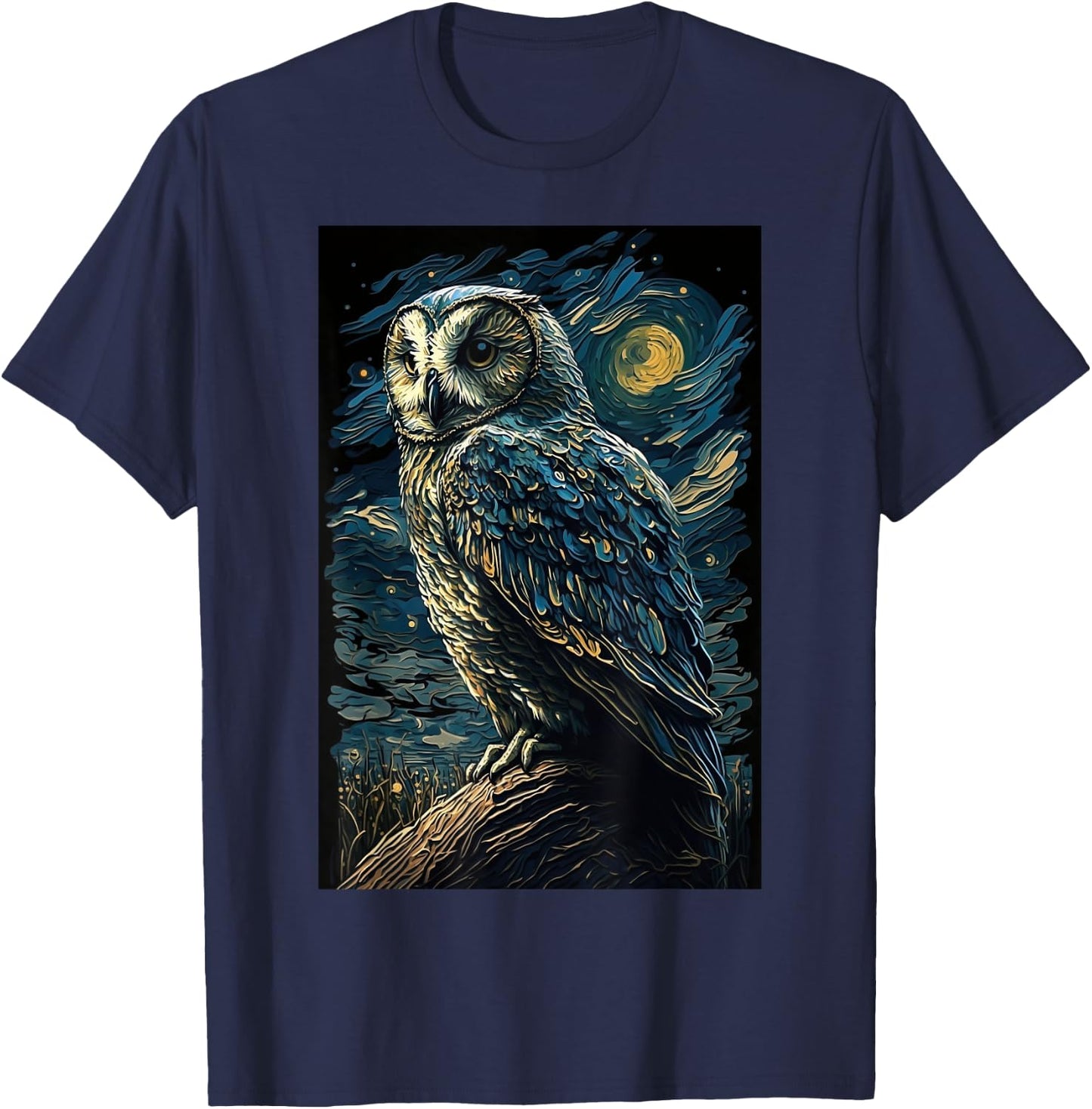 Owl Starry Night Van Gogh Style Birds Lover Owl Mom & Dad T-Shirt - T-Shirt | Navy