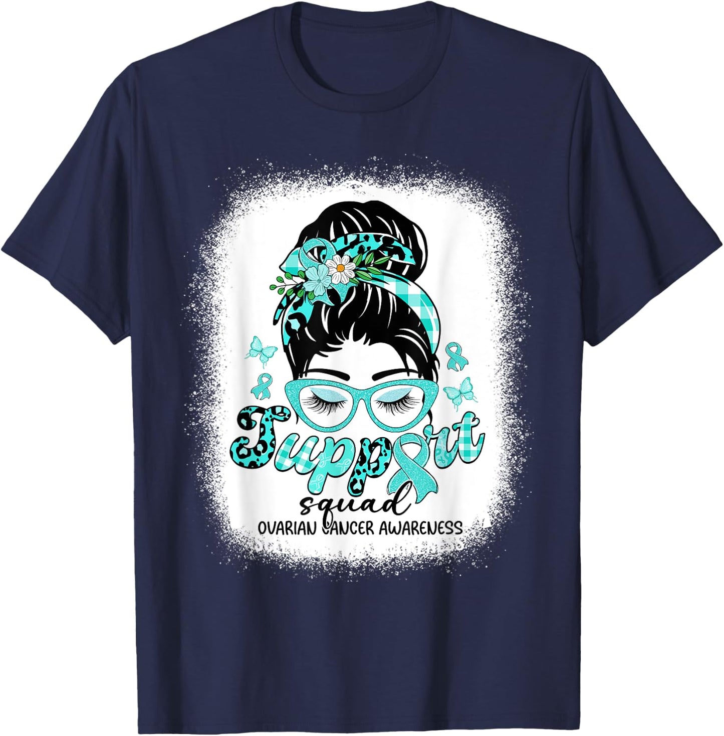 Support Squad Messy Bun Women Ovarian Cancer Awareness T-Shirt - T-Shirt | Navy