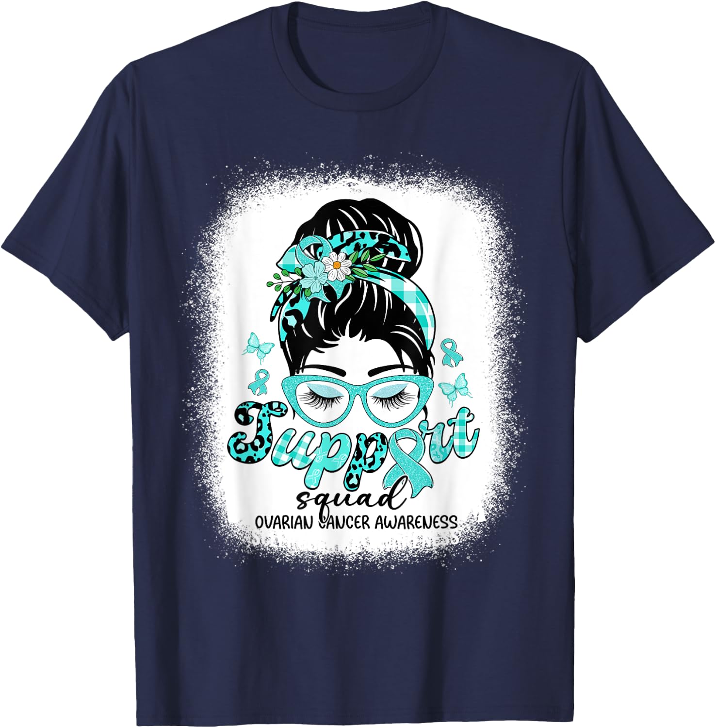 Support Squad Messy Bun Women Ovarian Cancer Awareness T-Shirt - T-Shirt | Navy