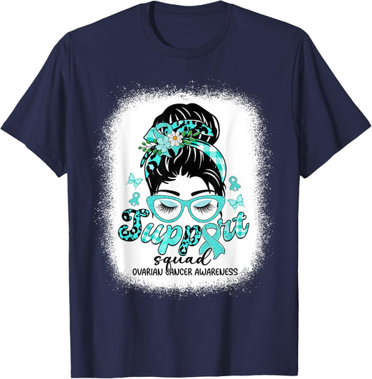 Support Squad Messy Bun Women Ovarian Cancer Awareness T-Shirt - T-Shirt | Navy