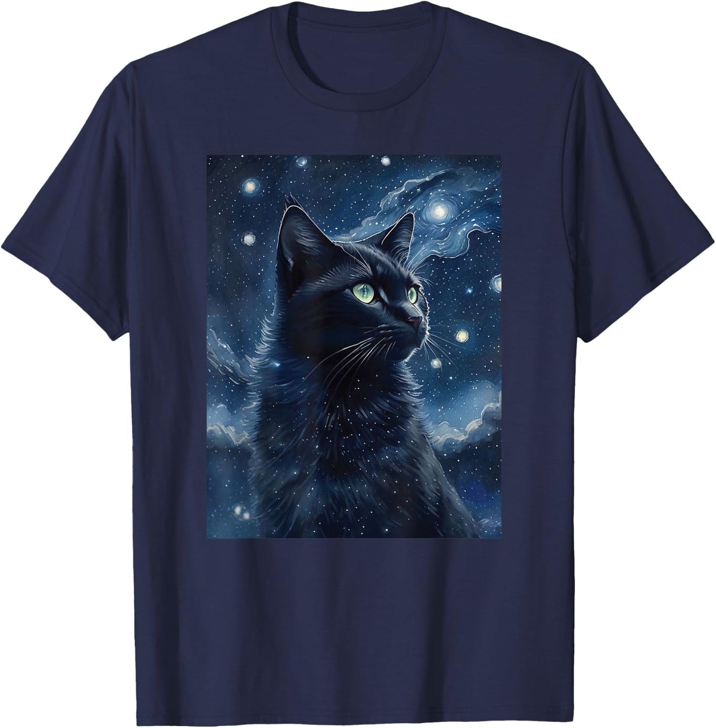 black cat Painting art Starry Night kitty kitten Van Gogh T-Shirt - T-Shirt | Navy