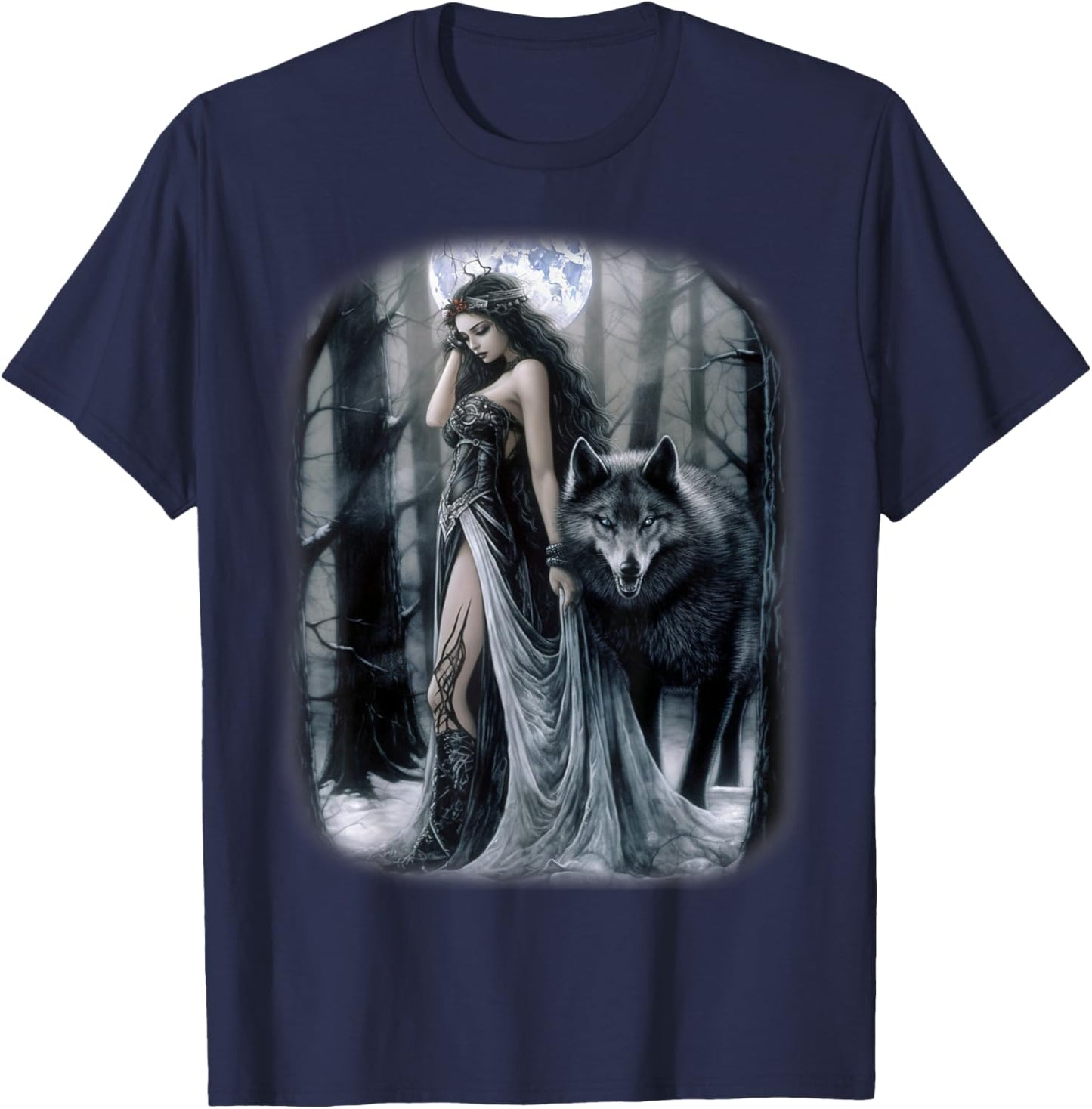 Woman and Gray Wolf in Forest Moon Fantasy Art Painting T-Shirt - T-Shirt | Navy