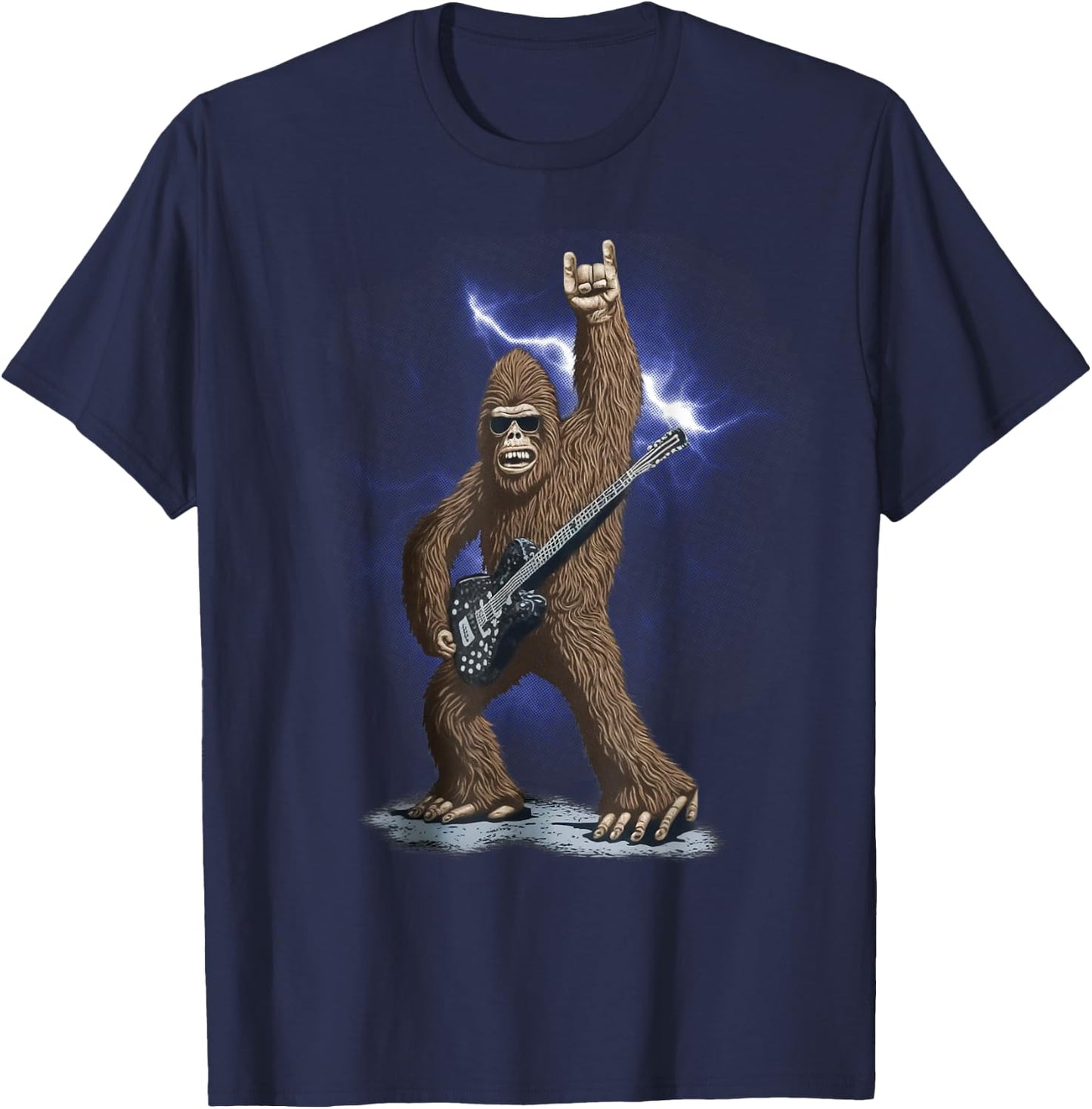 Rock And Roll Bigfoot Sasquatch Playing on guitar Sunglasses T-Shirt - T-Shirt | Navy