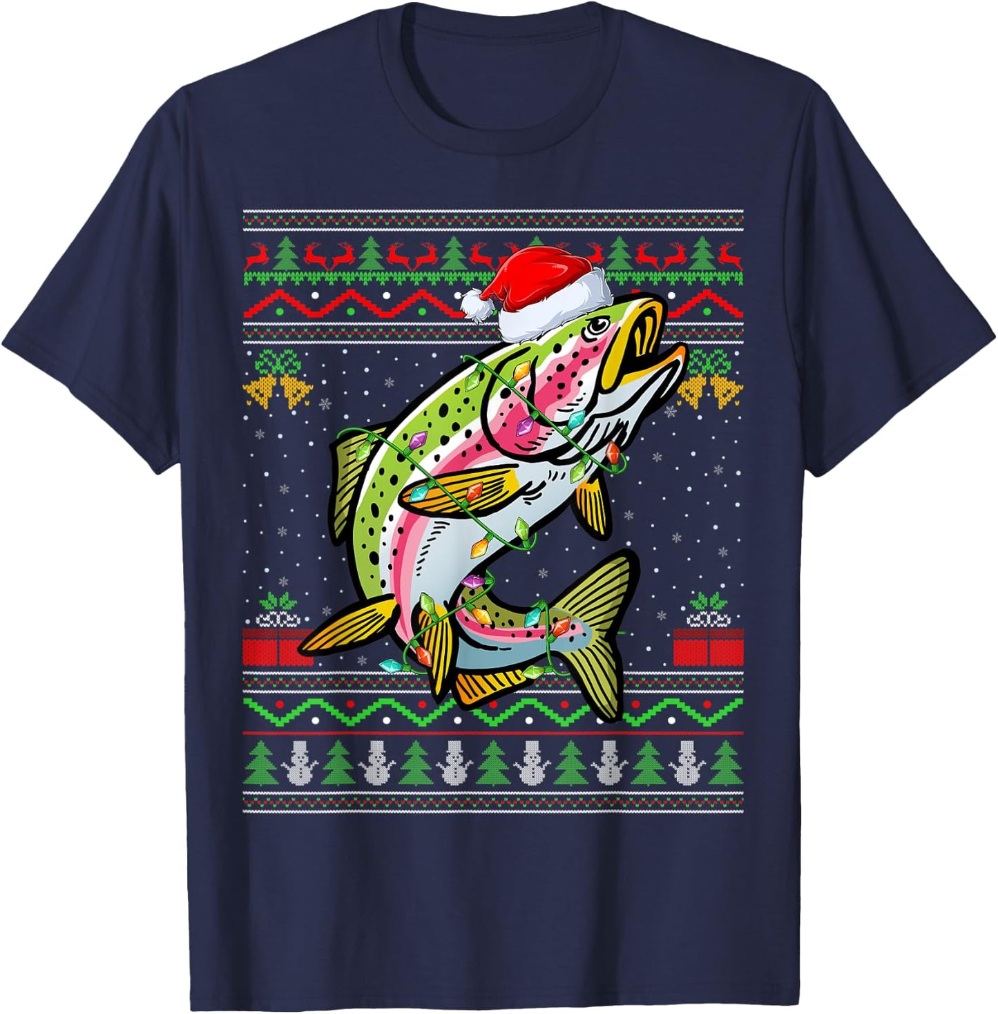 Xmas Ugly Sweater Style Santa Rainbow Trout Fish Christmas T-Shirt - T-Shirt | Navy