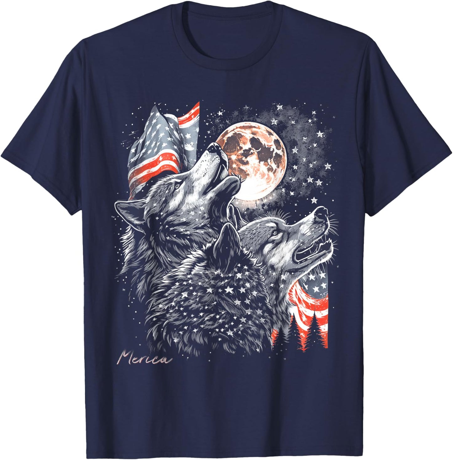 Wolf 4th of July American Flag Howling America Moon Funny T-Shirt - T-Shirt | Navy