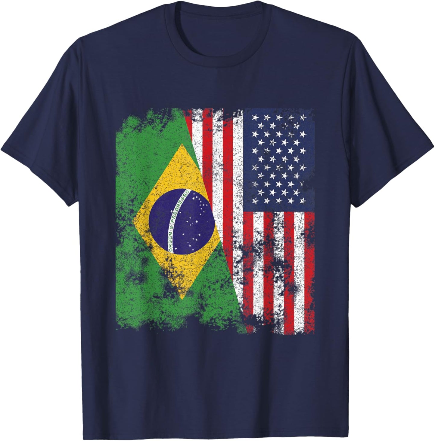 Brazil USA Flag Distressed - Half American T-Shirt - T-Shirt | Navy