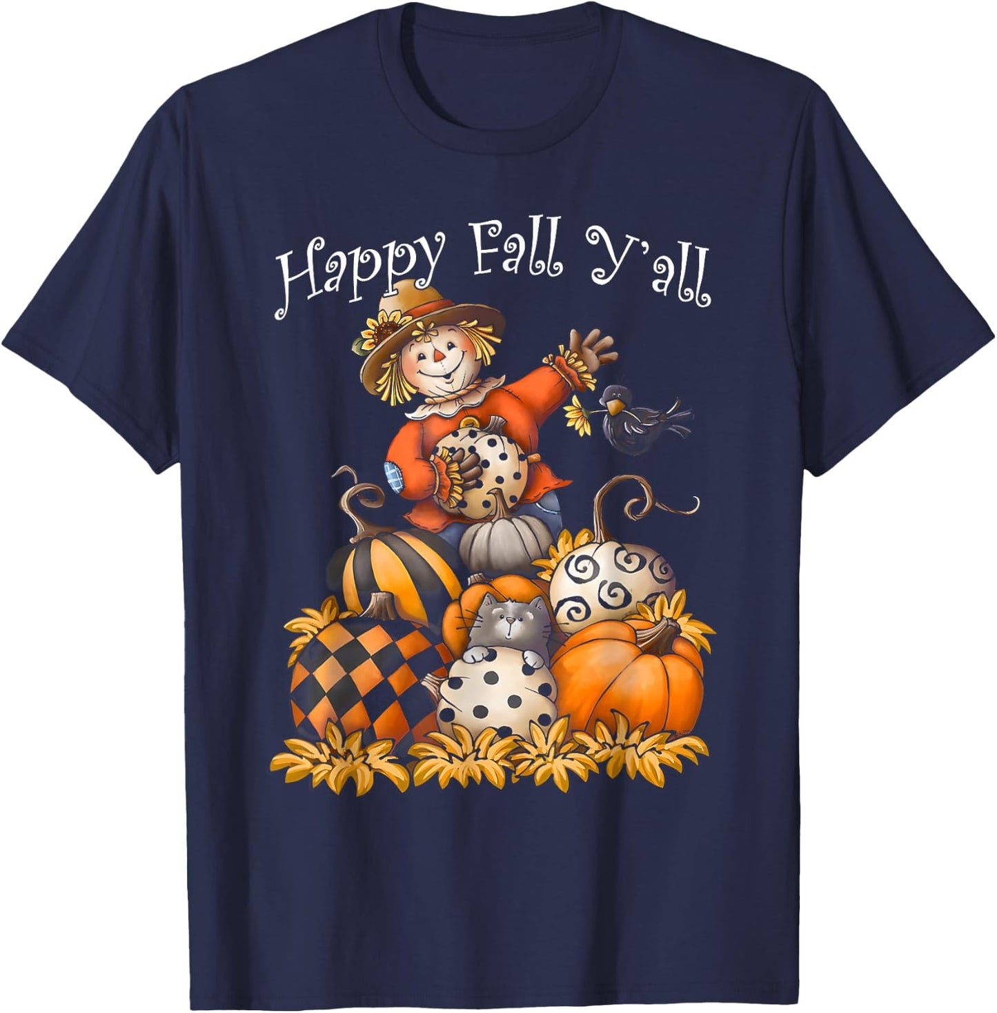 Scarecrow Happy Fall Y'all Pumpkin Thanksgiving Halloween T-Shirt - T-Shirt | Navy