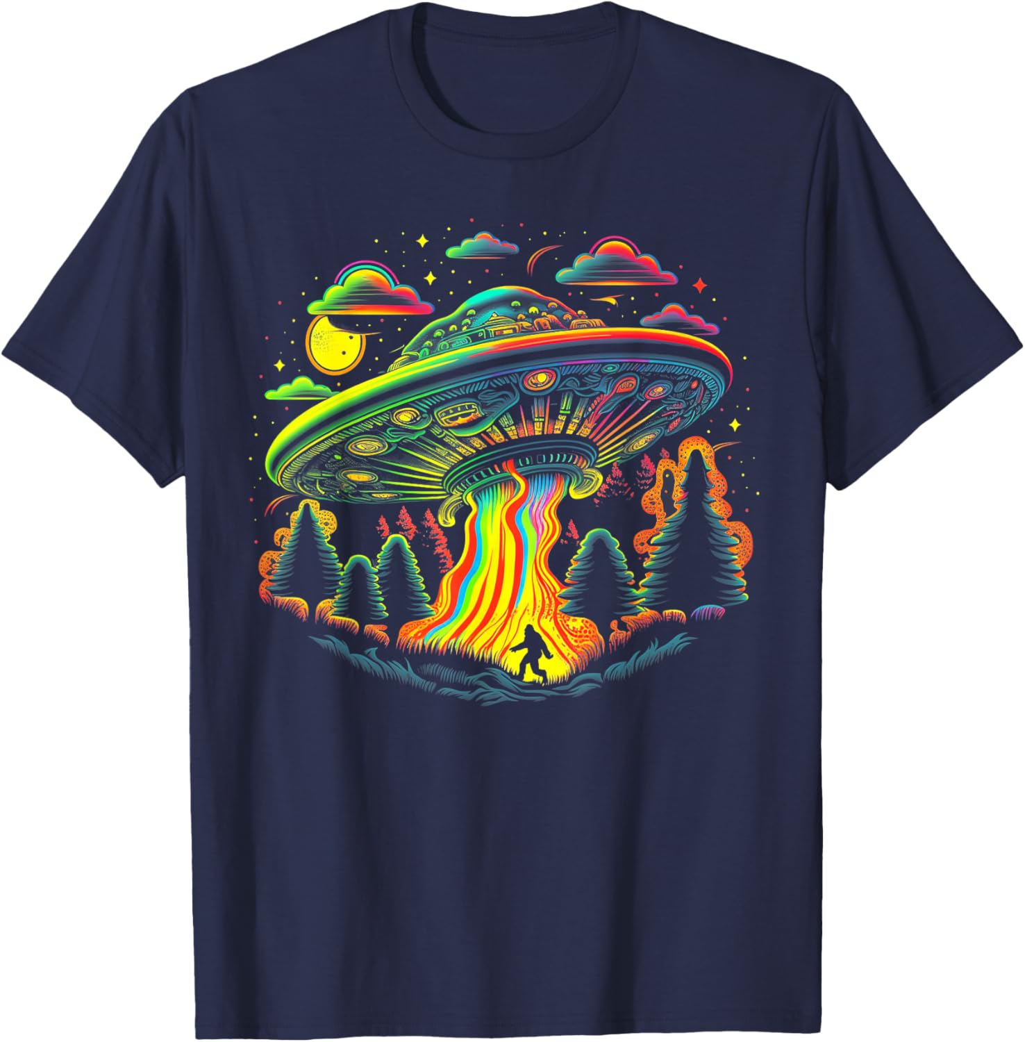 UFO Funny Bigfoot Retro Mushroom Vintage 60s 80s 70s Rainbow T-Shirt - T-Shirt | Navy