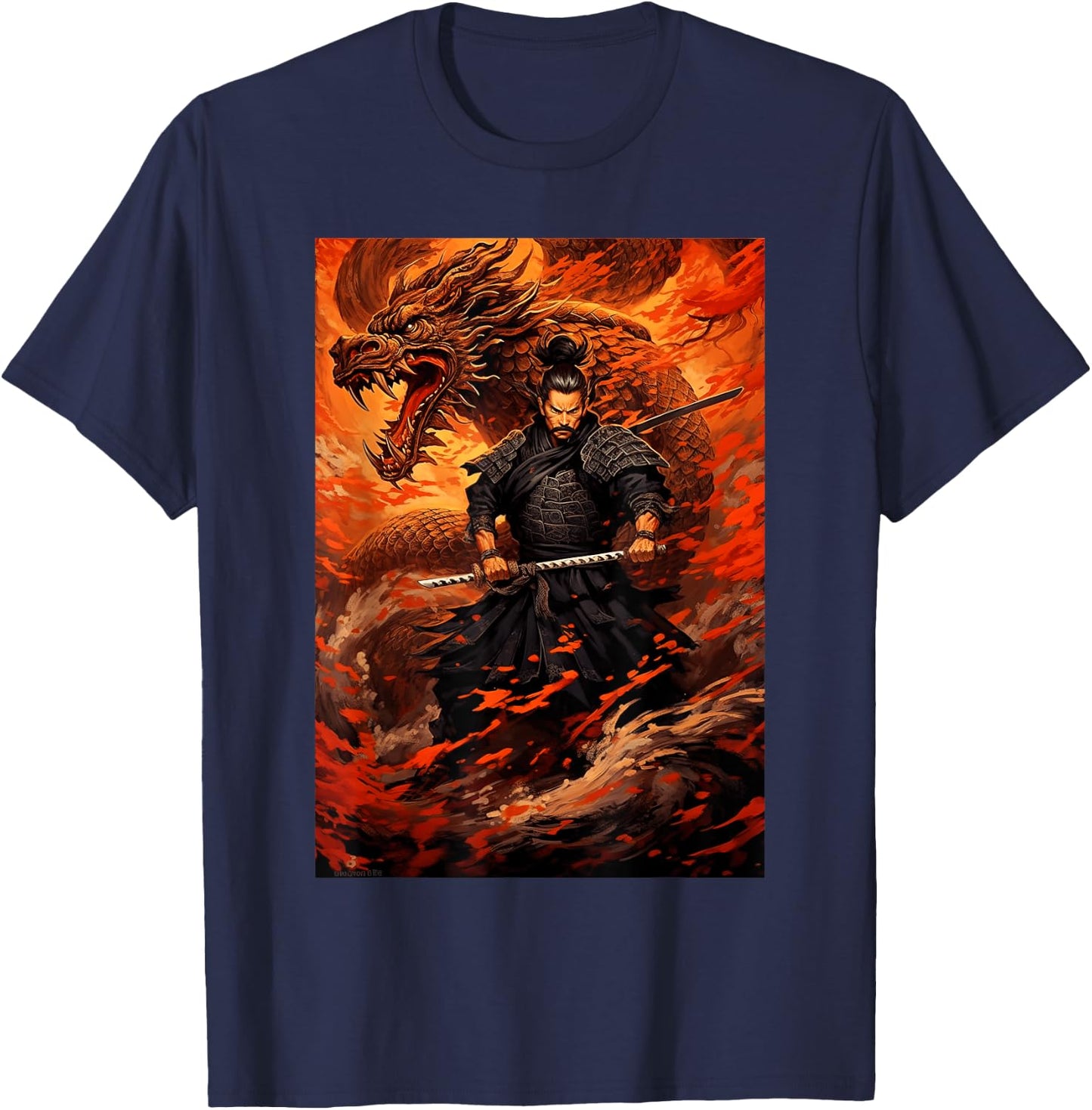 Samurai Conquers the Great Dragon - Bushido Spirit T-Shirt - T-Shirt | Navy
